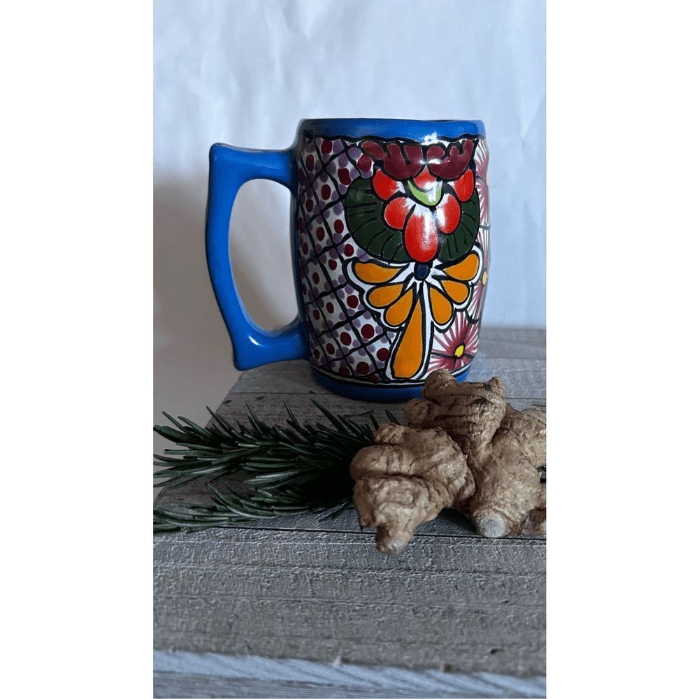 Mug clay glazed Mexican pottery folk art vibrant multi colors flower des